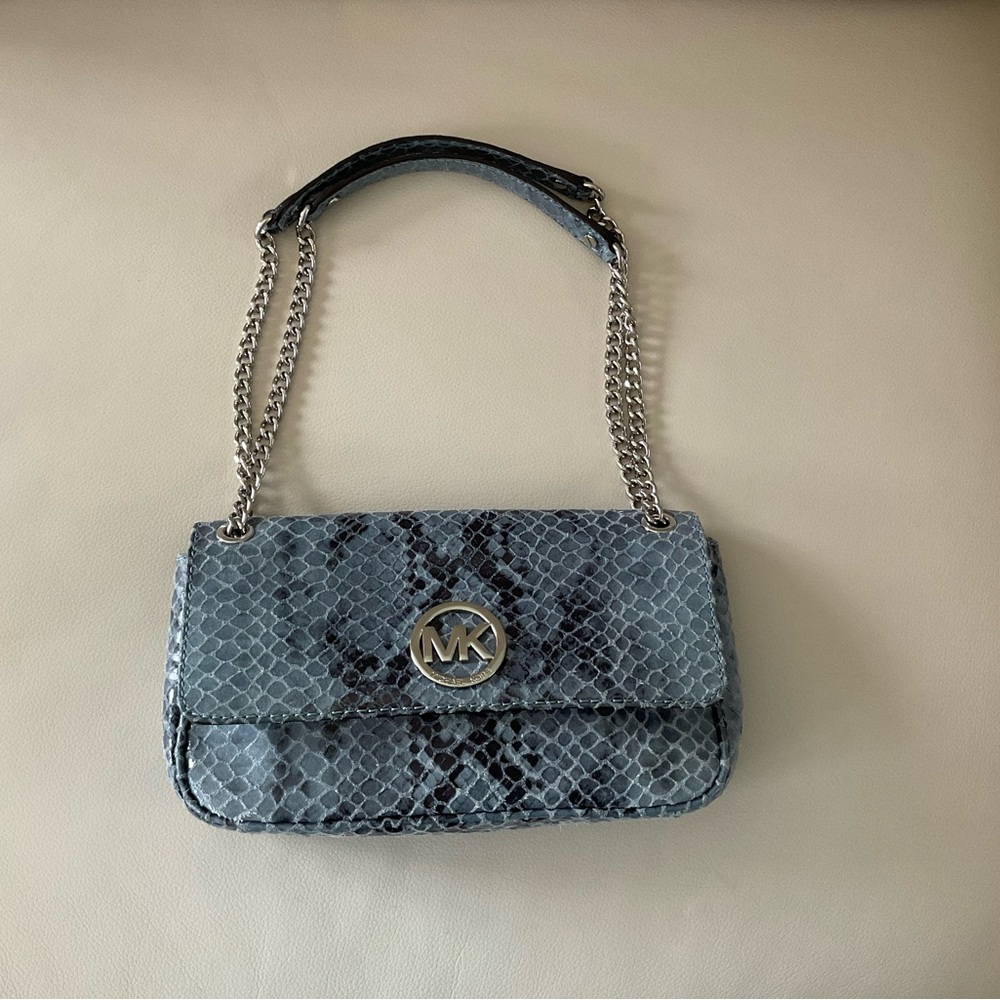 Michael Kors Gray-Blue Snake-Embossed Chain Shoulder  Bag